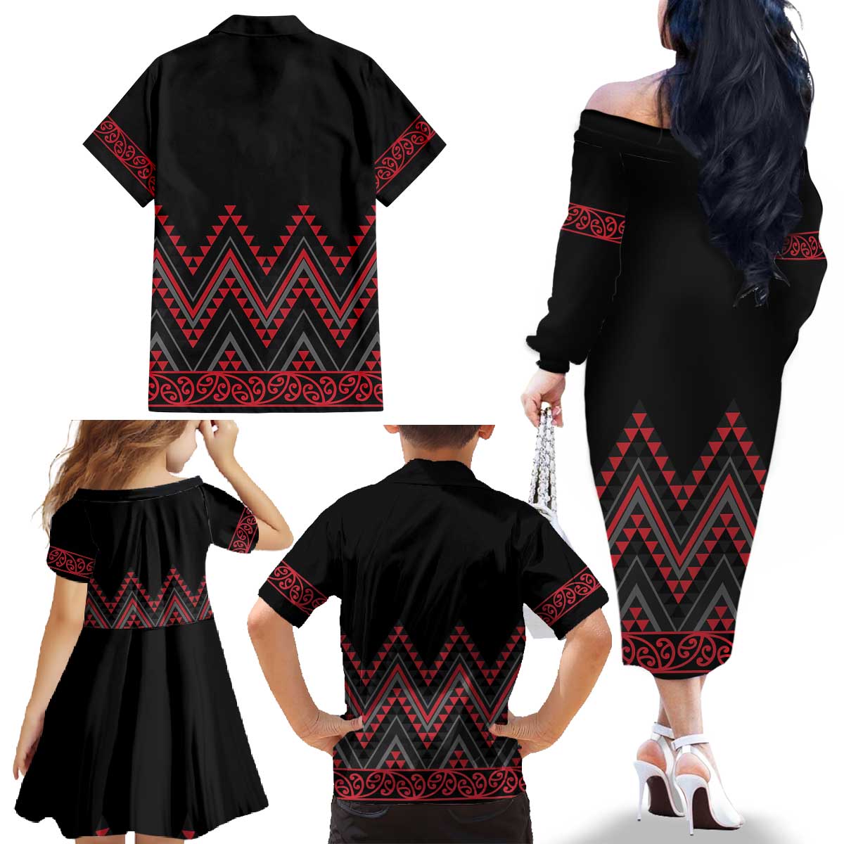 Red Aotearoa Mangopare Kowhaiwhai and Niho Taniwha Family Matching Off The Shoulder Long Sleeve Dress and Hawaiian Shirt Maori New Zealand LT14 - Polynesian Pride