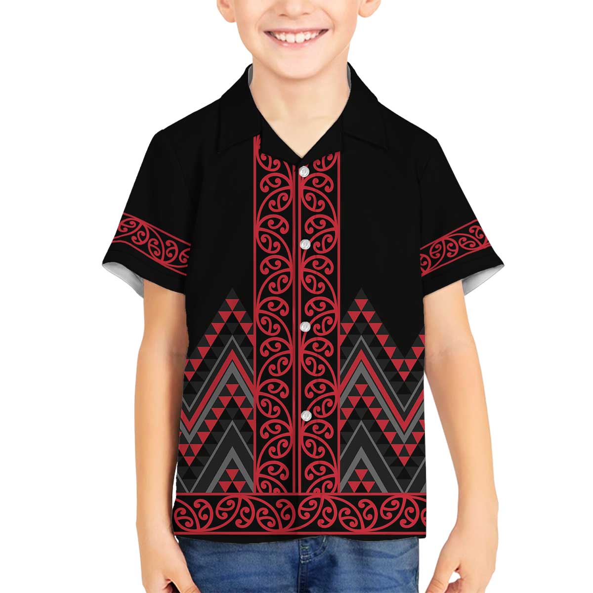 Red Aotearoa Mangopare Kowhaiwhai and Niho Taniwha Family Matching Off The Shoulder Long Sleeve Dress and Hawaiian Shirt Maori New Zealand LT14 Son's Shirt Red - Polynesian Pride