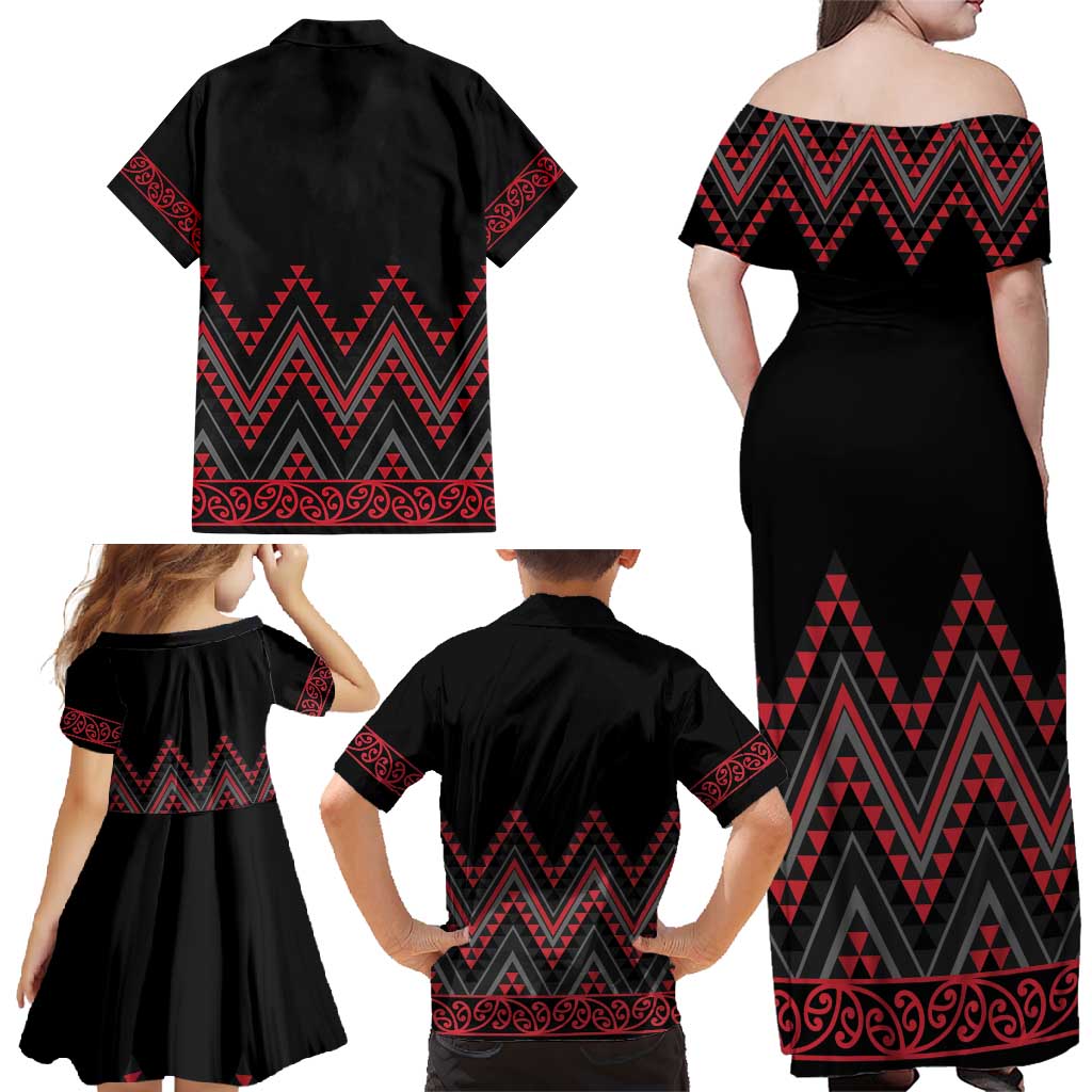Red Aotearoa Mangopare Kowhaiwhai and Niho Taniwha Family Matching Off Shoulder Maxi Dress and Hawaiian Shirt Maori New Zealand