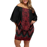 Red Aotearoa Mangopare Kowhaiwhai and Niho Taniwha Family Matching Off Shoulder Short Dress and Hawaiian Shirt Maori New Zealand