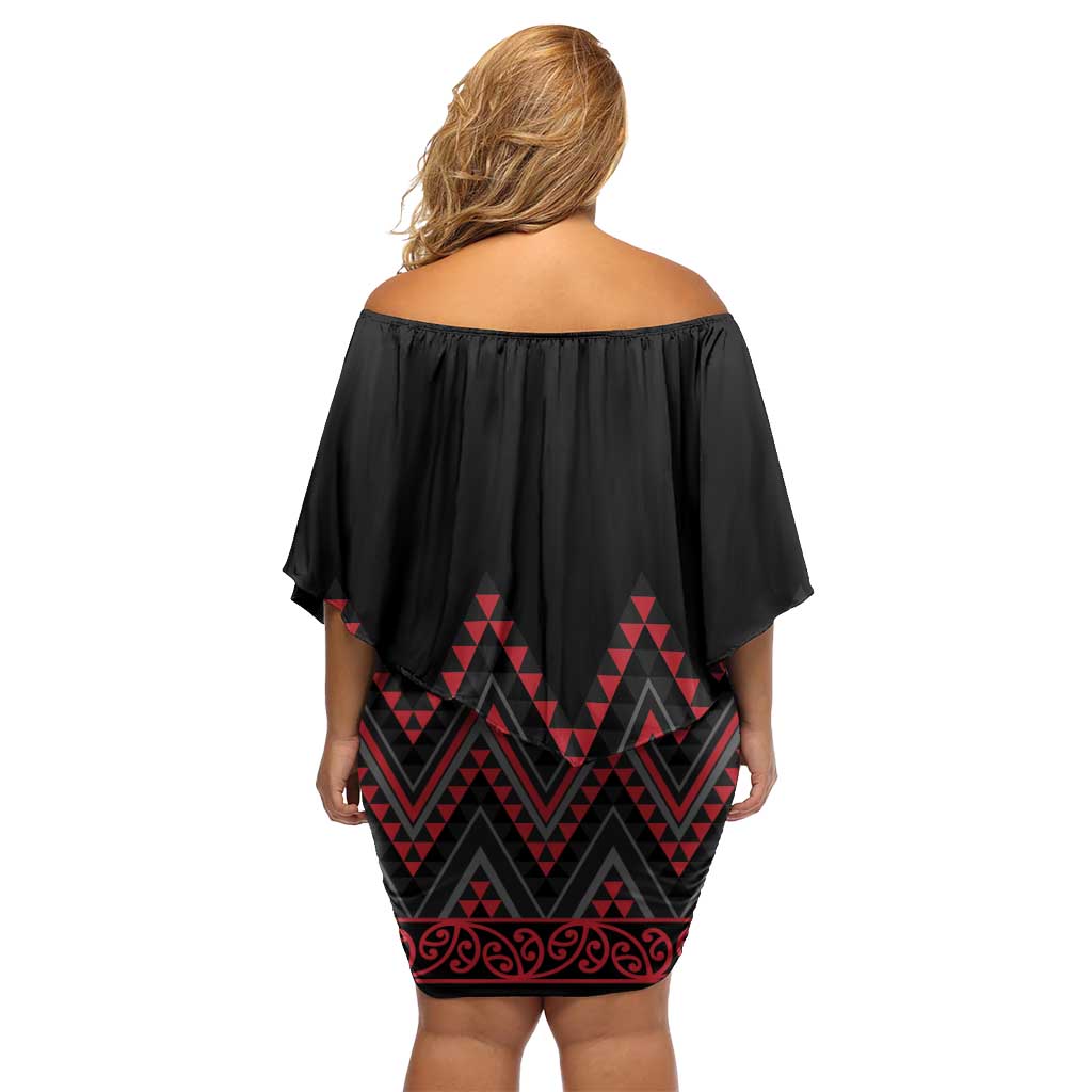 Red Aotearoa Mangopare Kowhaiwhai and Niho Taniwha Family Matching Off Shoulder Short Dress and Hawaiian Shirt Maori New Zealand