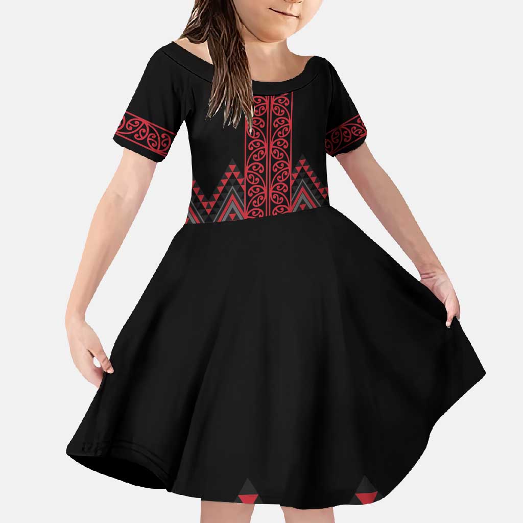 Red Aotearoa Mangopare Kowhaiwhai and Niho Taniwha Family Matching Short Sleeve Bodycon Dress and Hawaiian Shirt Maori New Zealand LT14 Daughter's Dress Red - Polynesian Pride