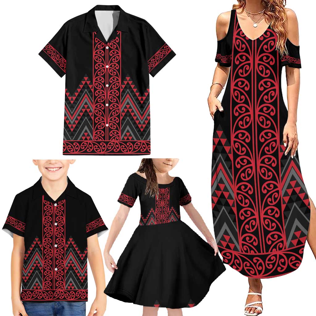 Red Aotearoa Mangopare Kowhaiwhai and Niho Taniwha Family Matching Summer Maxi Dress and Hawaiian Shirt Maori New Zealand