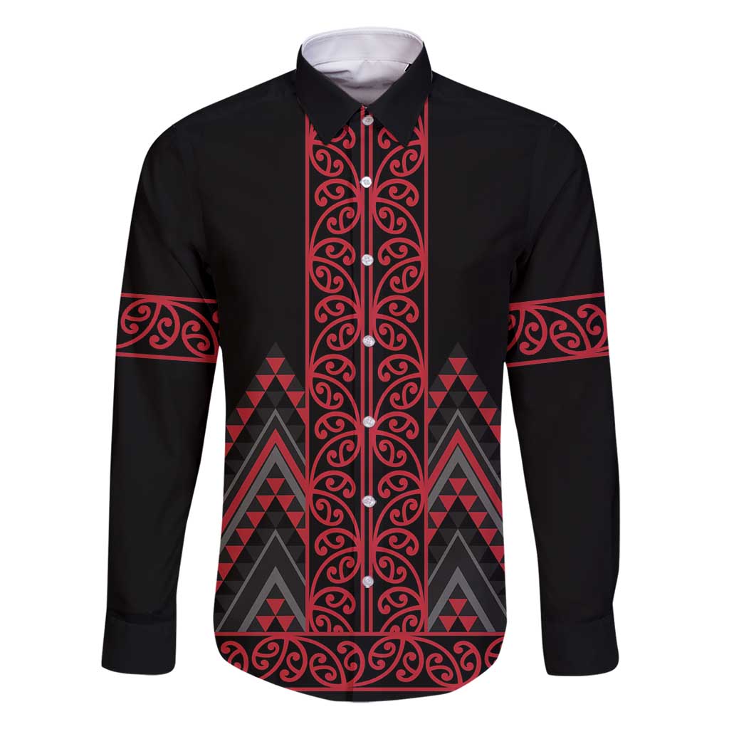Red Aotearoa Mangopare Kowhaiwhai and Niho Taniwha Family Matching Summer Maxi Dress and Hawaiian Shirt Maori New Zealand LT14 Dad's Shirt - Long Sleeve Red - Polynesian Pride