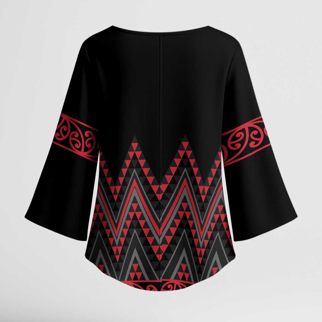 Red Aotearoa Mangopare Kowhaiwhai Niho Taniwha Kimono Sleeve Blouse Maori New Zealand - Polynesian Pride