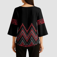 Red Aotearoa Mangopare Kowhaiwhai Niho Taniwha Kimono Sleeve Blouse Maori New Zealand - Polynesian Pride