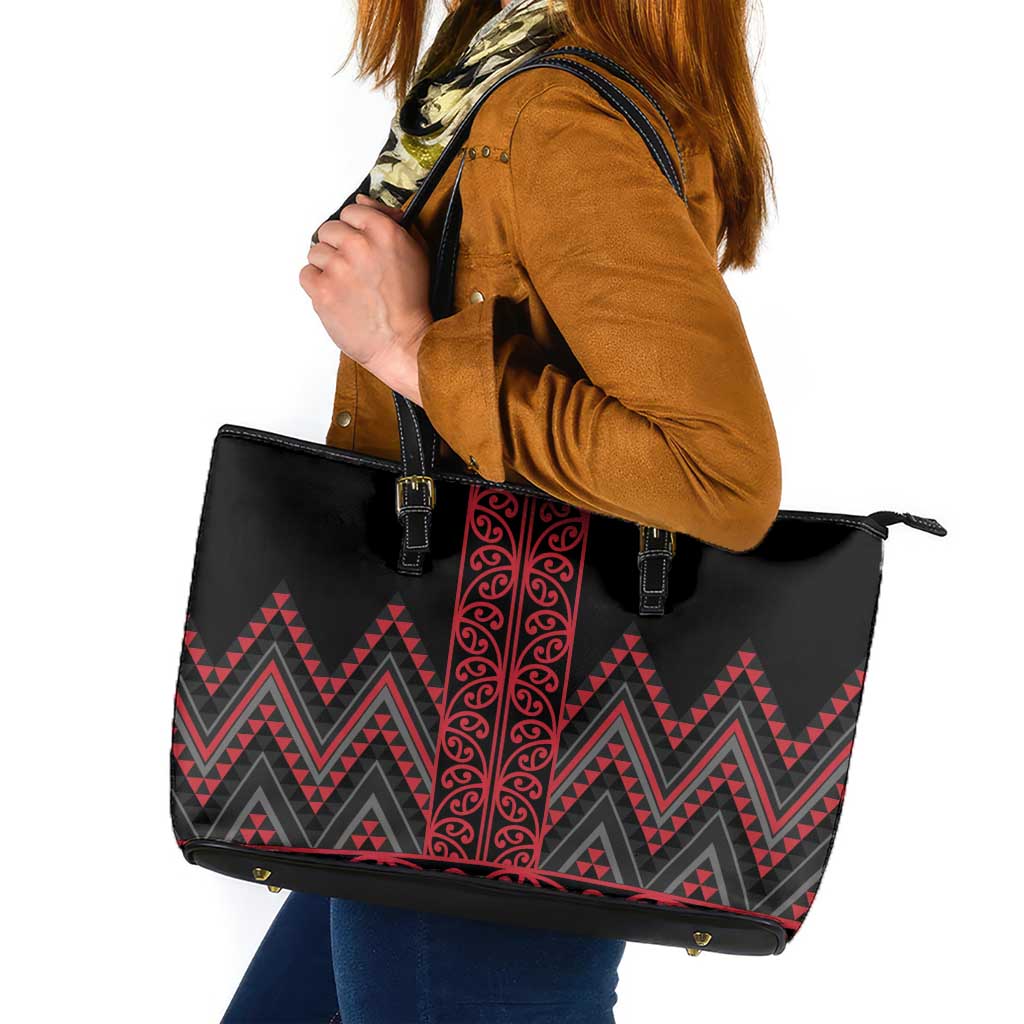 Red Aotearoa Mangopare Kowhaiwhai and Niho Taniwha Leather Tote Bag Maori New Zealand LT14 Red - Polynesian Pride