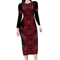 Red Aotearoa Mangopare Kowhaiwhai and Niho Taniwha Long Sleeve Bodycon Dress Maori New Zealand LT14 Long Dress Red - Polynesian Pride