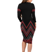 Red Aotearoa Mangopare Kowhaiwhai and Niho Taniwha Long Sleeve Bodycon Dress Maori New Zealand LT14 - Polynesian Pride