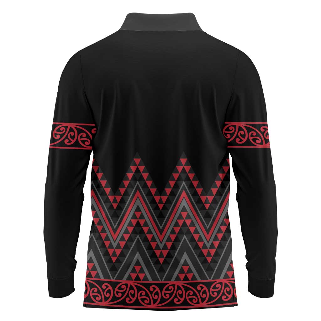 Red Aotearoa Mangopare Kowhaiwhai and Niho Taniwha Long Sleeve Polo Shirt Maori New Zealand