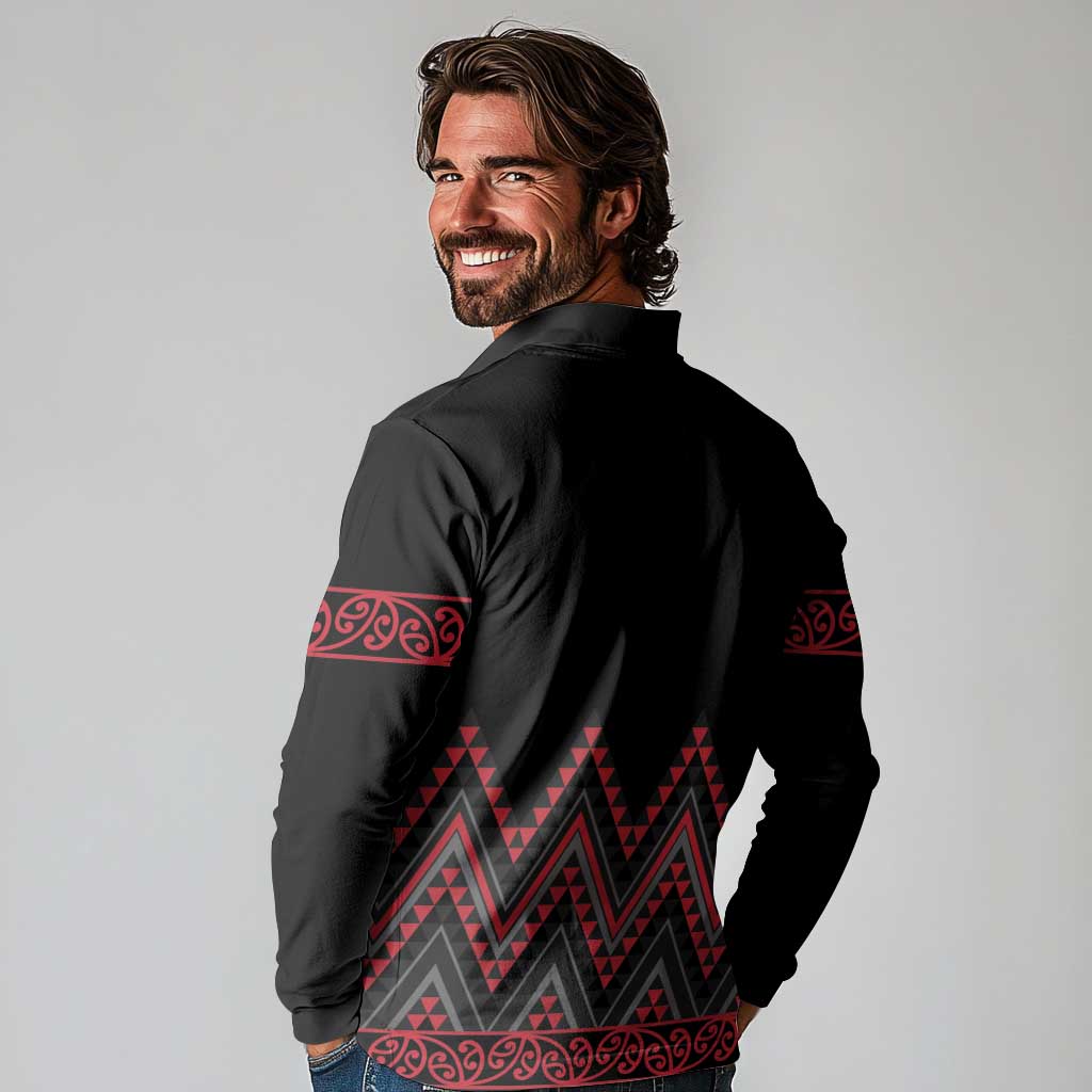 Red Aotearoa Mangopare Kowhaiwhai and Niho Taniwha Long Sleeve Polo Shirt Maori New Zealand