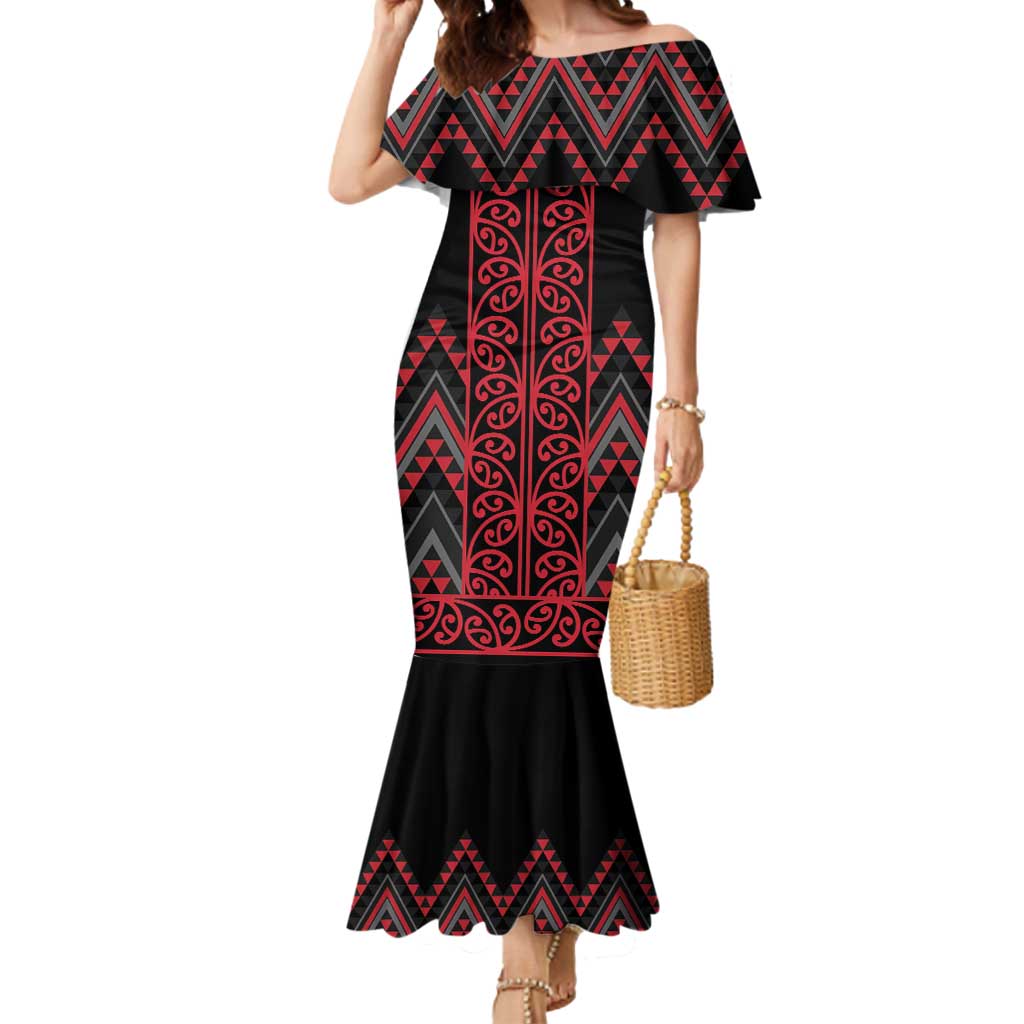 Red Aotearoa Mangopare Kowhaiwhai and Niho Taniwha Mermaid Dress Maori New Zealand LT14 Women Red - Polynesian Pride