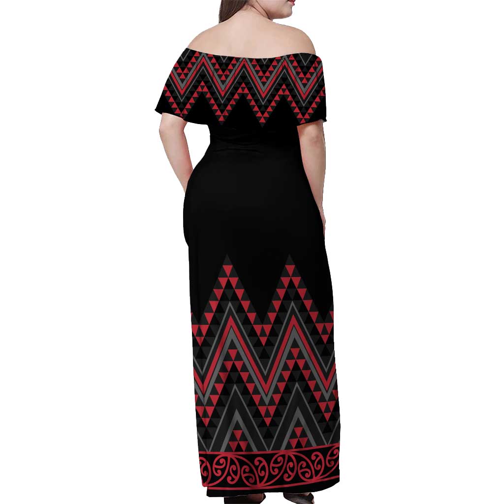 Red Aotearoa Mangopare Kowhaiwhai and Niho Taniwha Off Shoulder Maxi Dress Maori New Zealand LT14 - Polynesian Pride