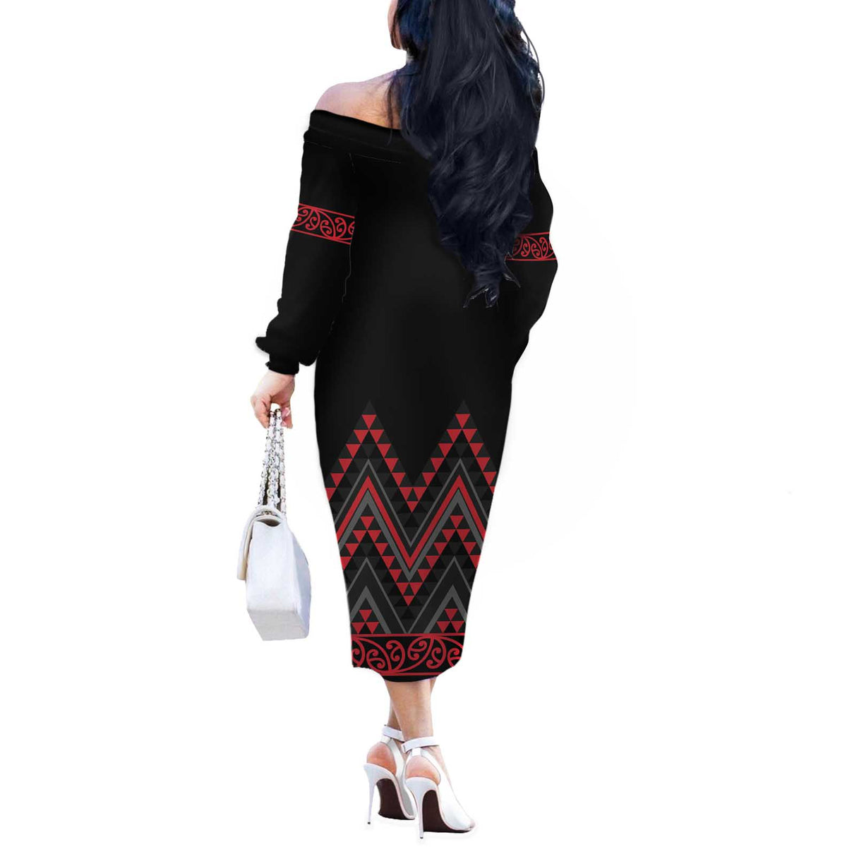 Red Aotearoa Mangopare Kowhaiwhai and Niho Taniwha Off The Shoulder Long Sleeve Dress Maori New Zealand LT14 - Polynesian Pride