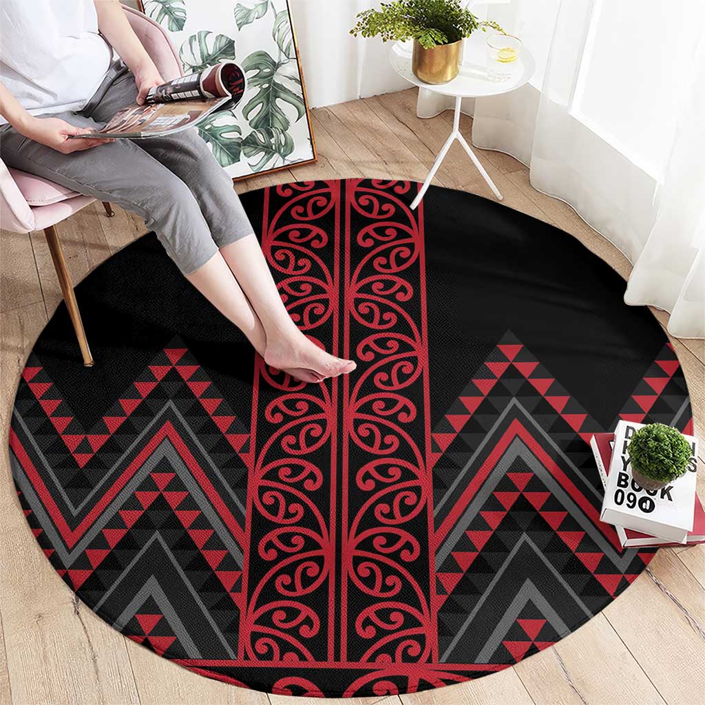 Red Aotearoa Mangopare Kowhaiwhai and Niho Taniwha Round Carpet Maori New Zealand