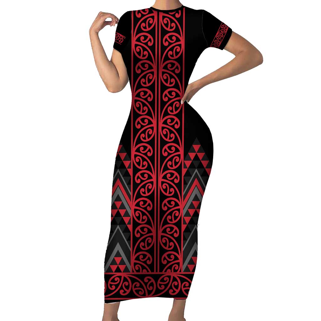 Red Aotearoa Mangopare Kowhaiwhai and Niho Taniwha Short Sleeve Bodycon Dress Maori New Zealand