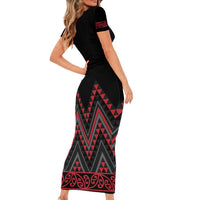 Red Aotearoa Mangopare Kowhaiwhai and Niho Taniwha Short Sleeve Bodycon Dress Maori New Zealand LT14 - Polynesian Pride