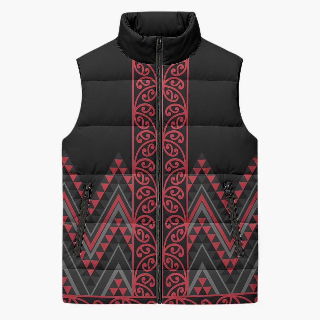 Red Aotearoa Mangopare Kowhaiwhai Niho Taniwha Sleeveless Puffer Jacket Maori New Zealand - Polynesian Pride