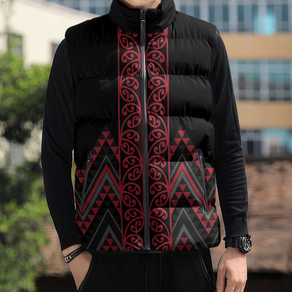 Red Aotearoa Mangopare Kowhaiwhai Niho Taniwha Sleeveless Puffer Jacket Maori New Zealand - Polynesian Pride
