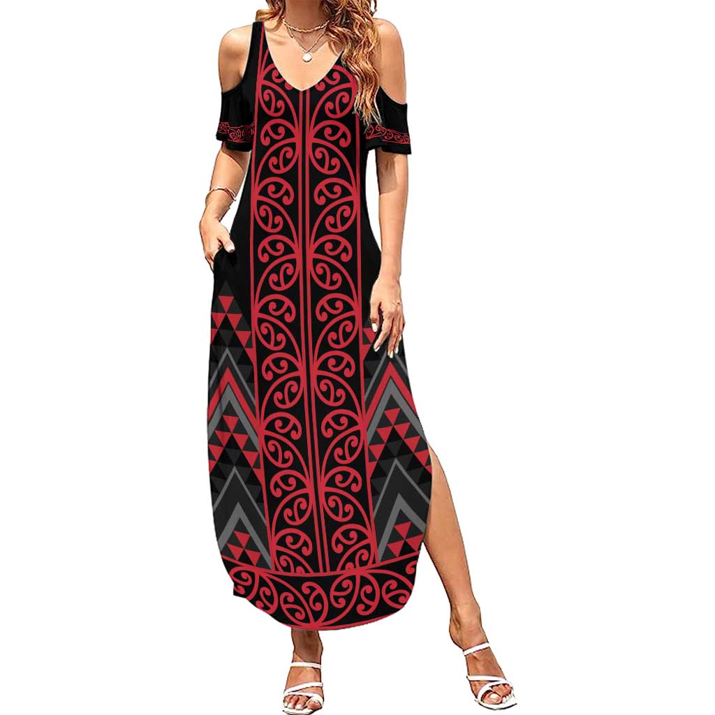 Red Aotearoa Mangopare Kowhaiwhai and Niho Taniwha Summer Maxi Dress Maori New Zealand