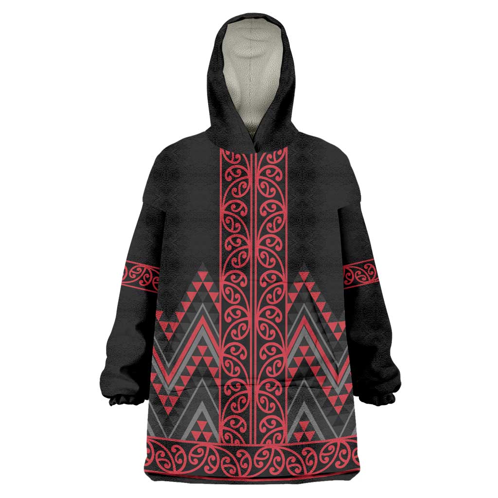 Red Aotearoa Mangopare Kowhaiwhai and Niho Taniwha Wearable Blanket Hoodie Maori New Zealand