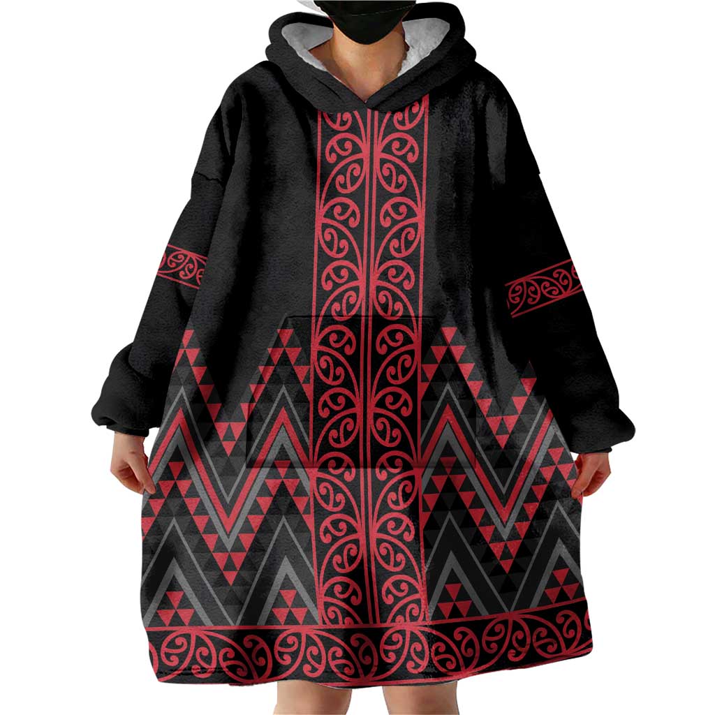 Red Aotearoa Mangopare Kowhaiwhai and Niho Taniwha Wearable Blanket Hoodie Maori New Zealand