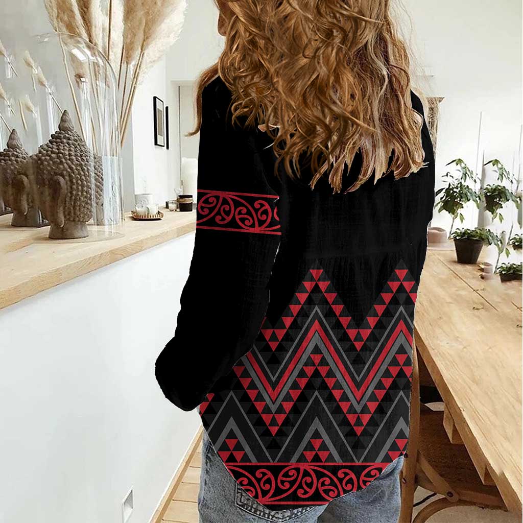 Red Aotearoa Mangopare Kowhaiwhai and Niho Taniwha Women Casual Shirt Maori New Zealand