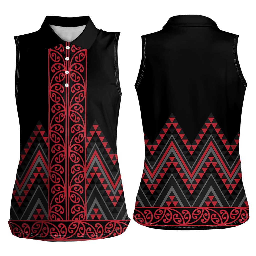 Red Aotearoa Mangopare Kowhaiwhai and Niho Taniwha Women Sleeveless Polo Shirt Maori New Zealand