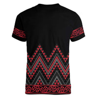 Red Aotearoa Mangopare Kowhaiwhai and Niho Taniwha Women V-Neck T-Shirt Maori New Zealand