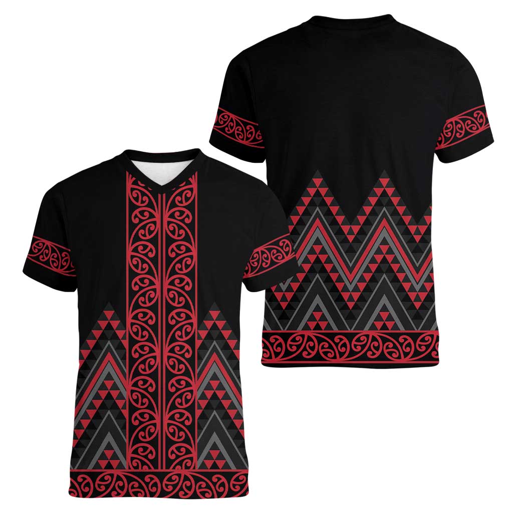 Red Aotearoa Mangopare Kowhaiwhai and Niho Taniwha Women V-Neck T-Shirt Maori New Zealand