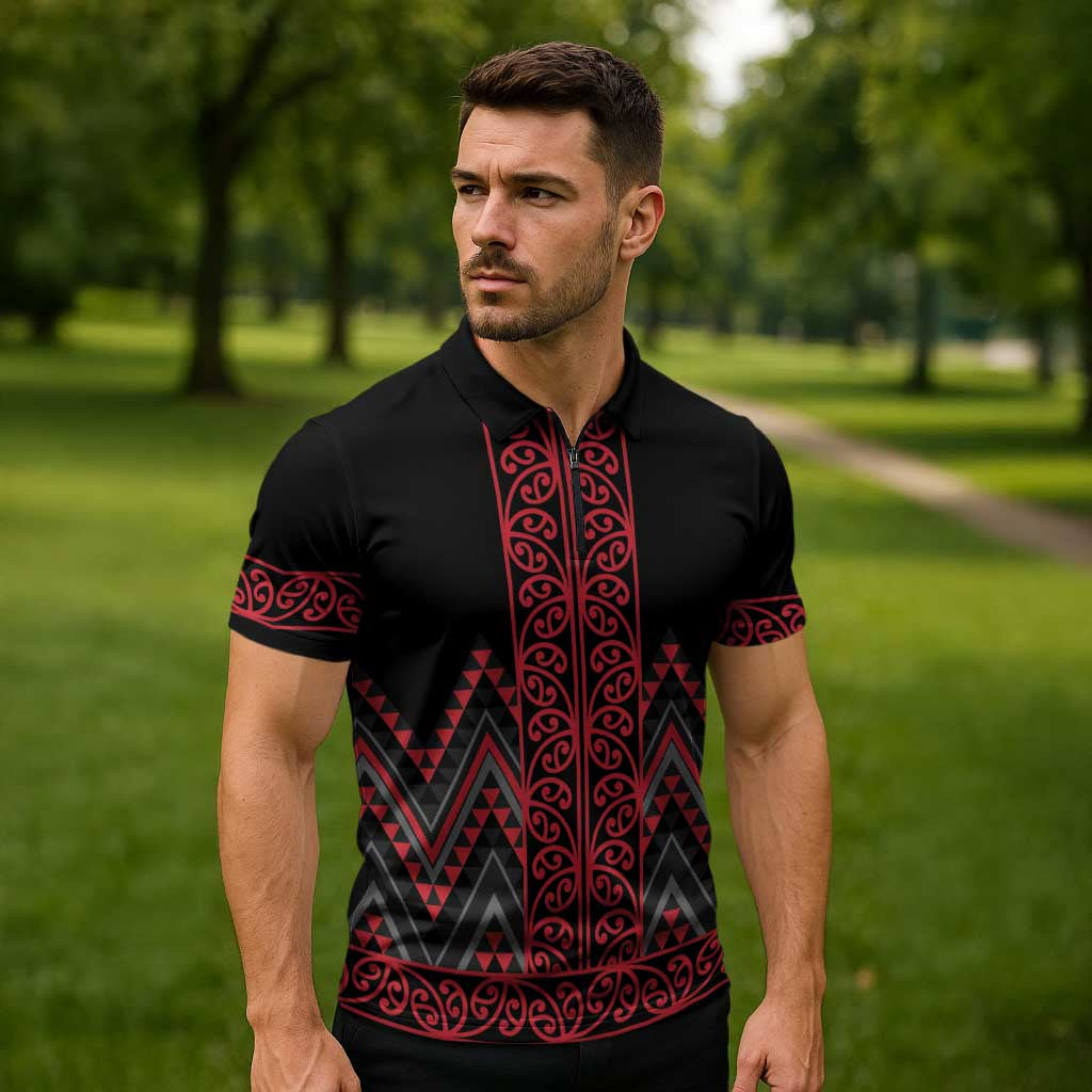 Red Aotearoa Mangopare Kowhaiwhai Niho Taniwha Zipper Polo Shirt Maori New Zealand - Polynesian Pride