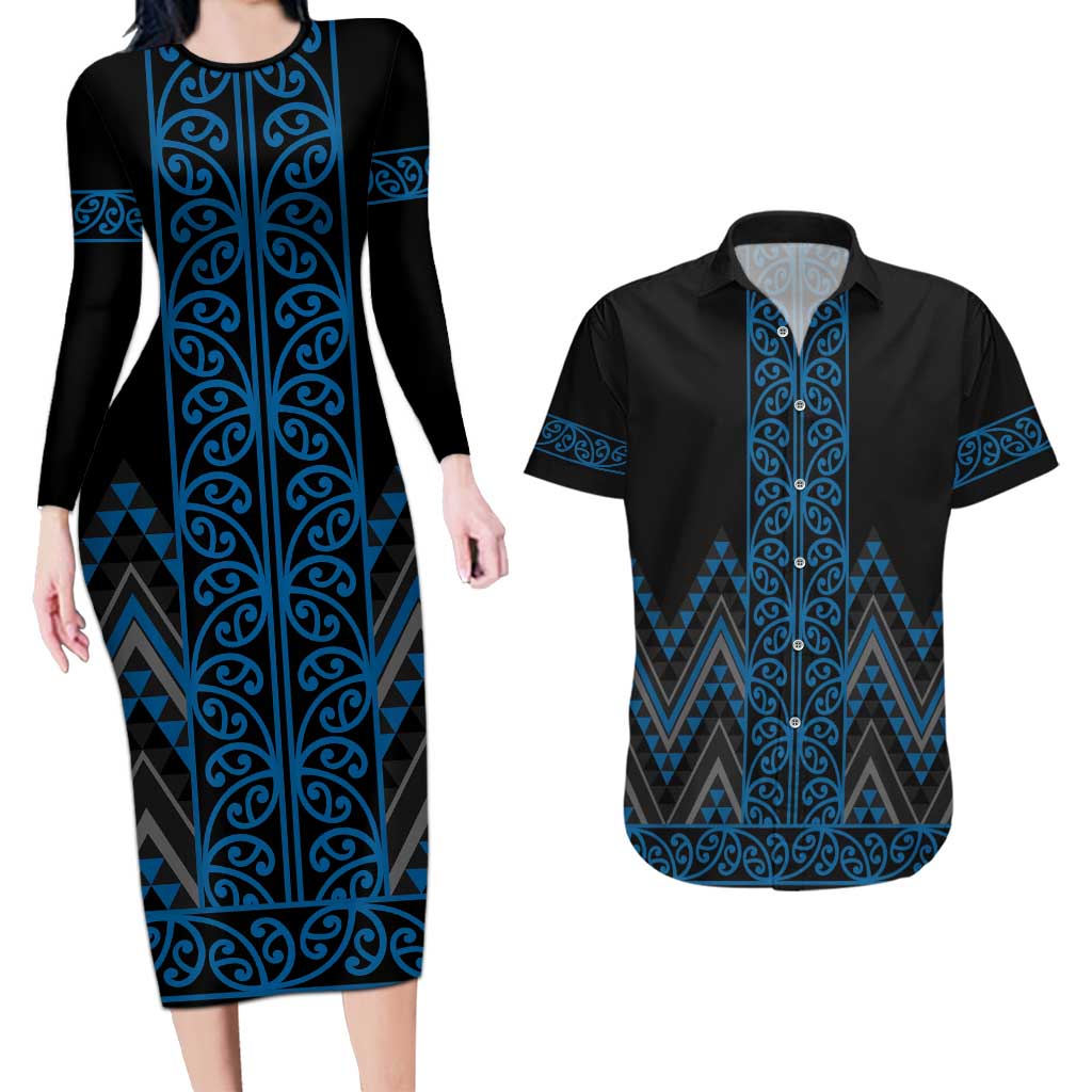Blue Aotearoa Mangopare Kowhaiwhai and Niho Taniwha Couples Matching Long Sleeve Bodycon Dress and Hawaiian Shirt Maori New Zealand LT14 Blue - Polynesian Pride