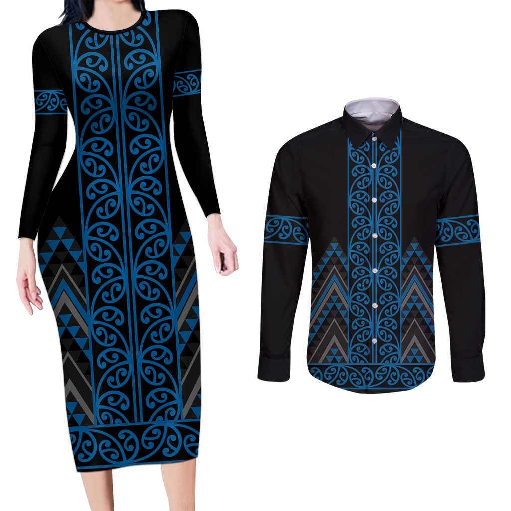 Blue Aotearoa Mangopare Kowhaiwhai and Niho Taniwha Couples Matching Long Sleeve Bodycon Dress and Long Sleeve Button Shirt Maori New Zealand