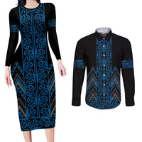 Blue Aotearoa Mangopare Kowhaiwhai and Niho Taniwha Couples Matching Long Sleeve Bodycon Dress and Long Sleeve Button Shirt Maori New Zealand