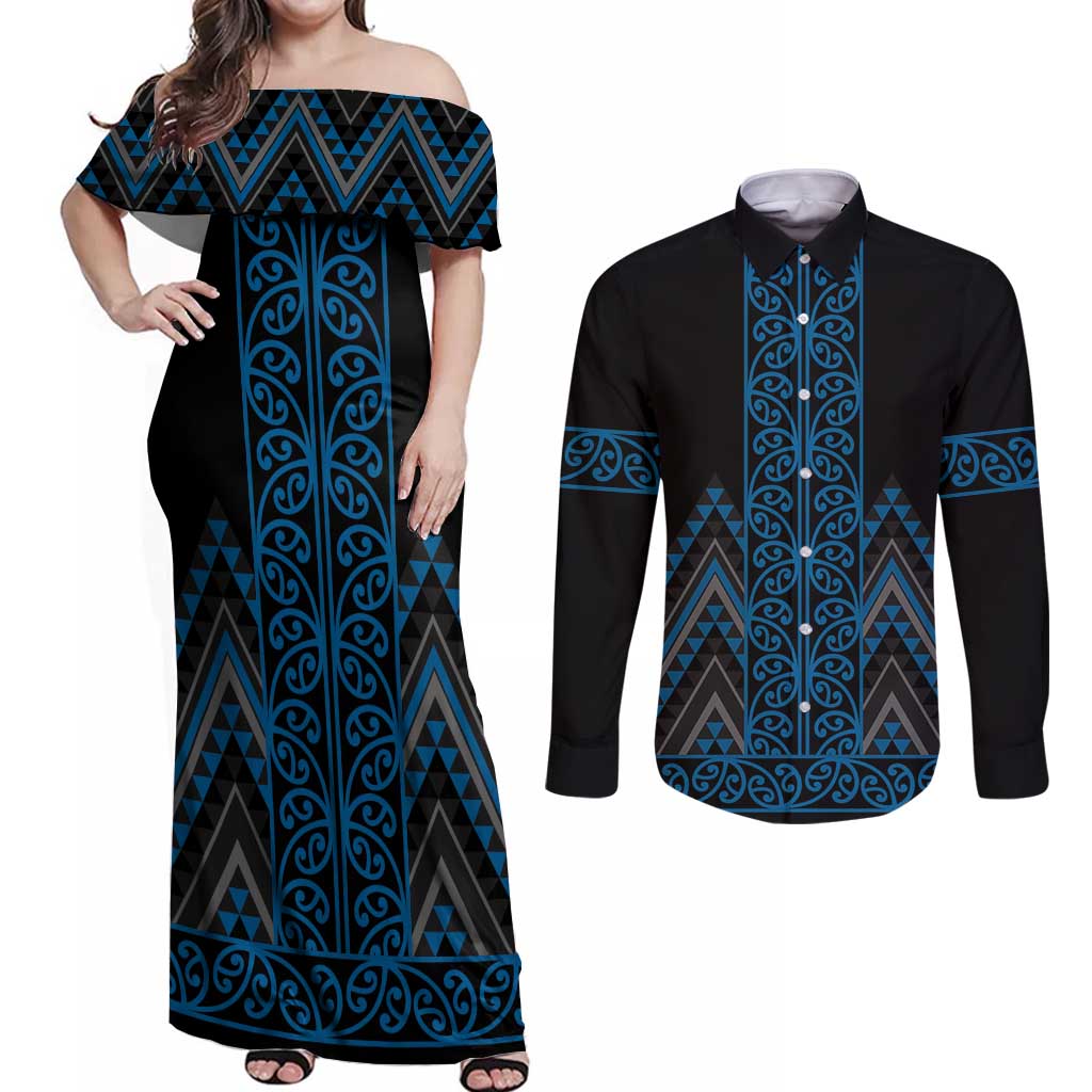Blue Aotearoa Mangopare Kowhaiwhai and Niho Taniwha Couples Matching Off Shoulder Maxi Dress and Long Sleeve Button Shirt Maori New Zealand