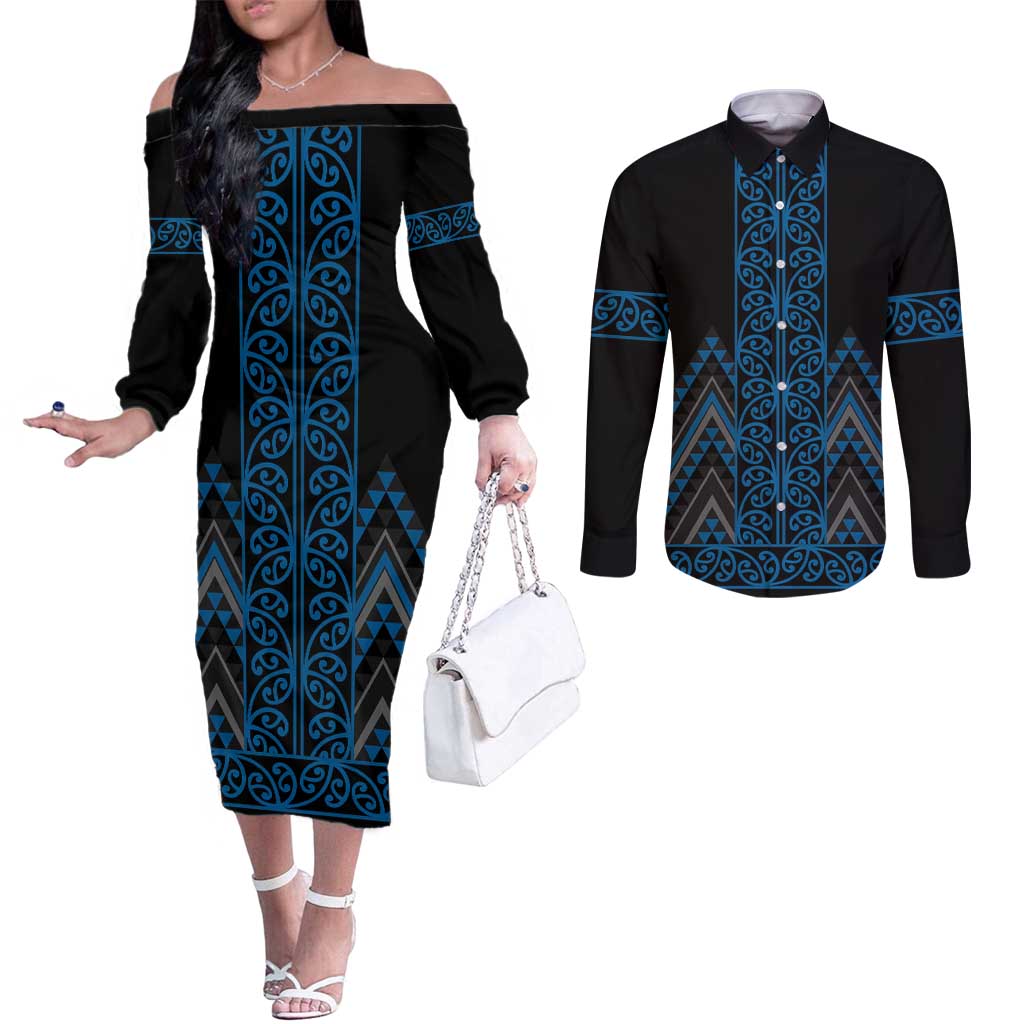 Blue Aotearoa Mangopare Kowhaiwhai and Niho Taniwha Couples Matching Off The Shoulder Long Sleeve Dress and Long Sleeve Button Shirt Maori New Zealand