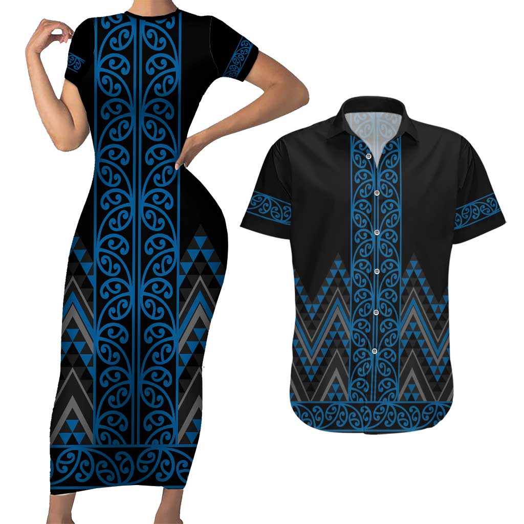 Blue Aotearoa Mangopare Kowhaiwhai and Niho Taniwha Couples Matching Short Sleeve Bodycon Dress and Hawaiian Shirt Maori New Zealand