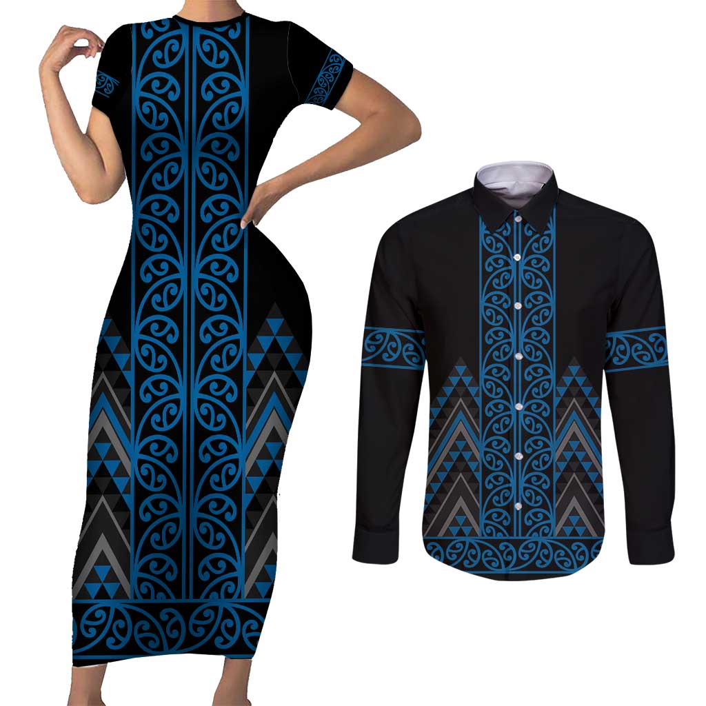 Blue Aotearoa Mangopare Kowhaiwhai and Niho Taniwha Couples Matching Short Sleeve Bodycon Dress and Long Sleeve Button Shirt Maori New Zealand