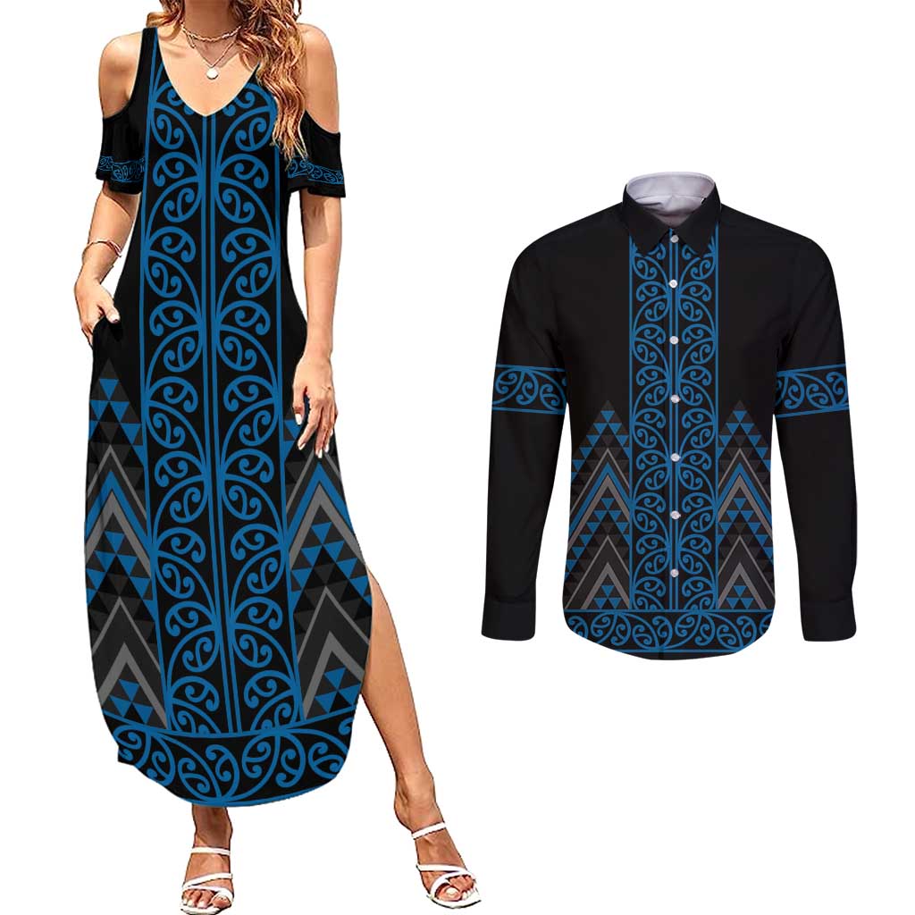 Blue Aotearoa Mangopare Kowhaiwhai and Niho Taniwha Couples Matching Summer Maxi Dress and Long Sleeve Button Shirt Maori New Zealand