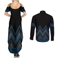Blue Aotearoa Mangopare Kowhaiwhai and Niho Taniwha Couples Matching Summer Maxi Dress and Long Sleeve Button Shirt Maori New Zealand
