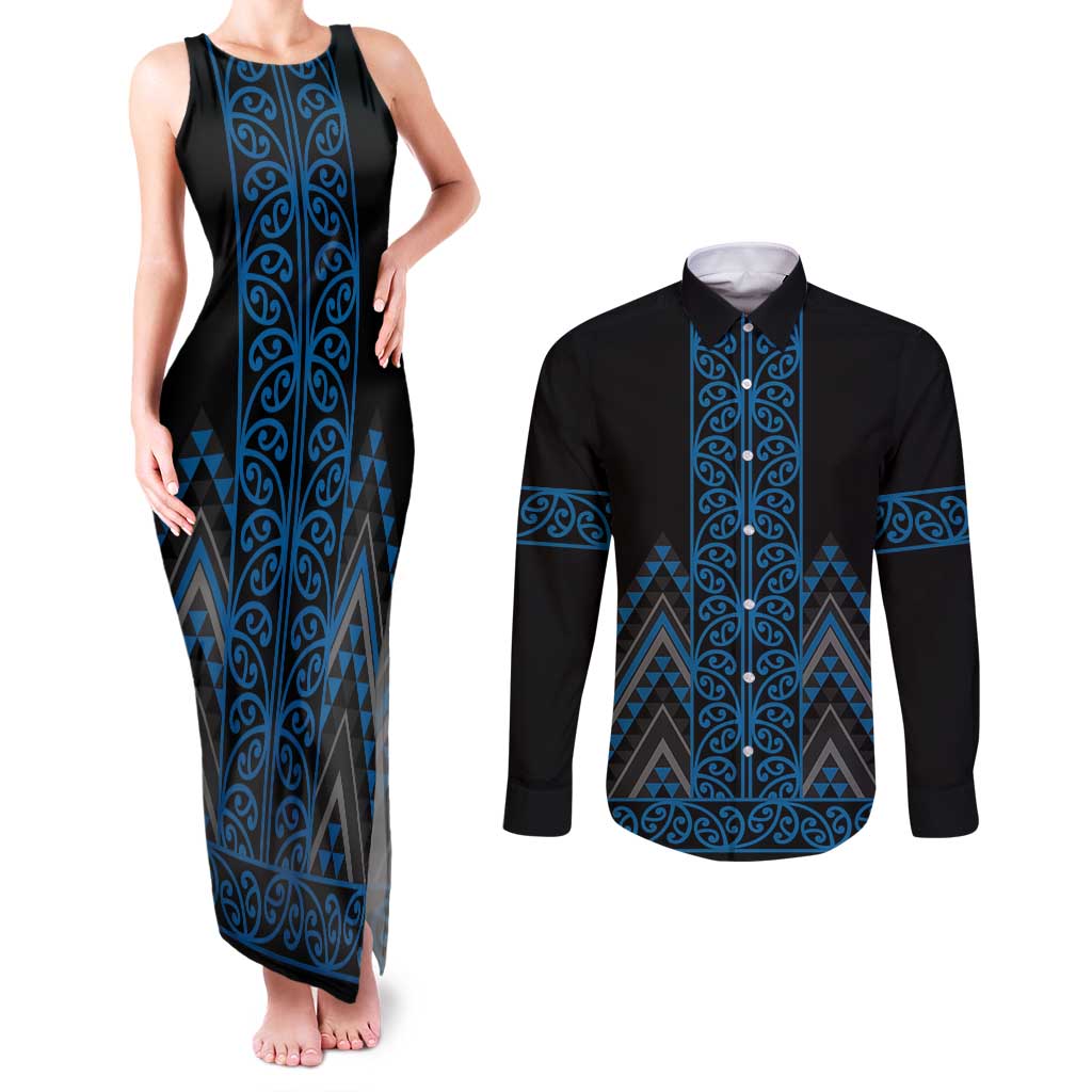 Blue Aotearoa Mangopare Kowhaiwhai and Niho Taniwha Couples Matching Tank Maxi Dress and Long Sleeve Button Shirt Maori New Zealand