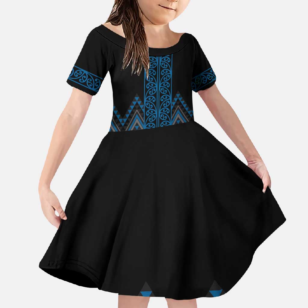 Blue Aotearoa Mangopare Kowhaiwhai and Niho Taniwha Family Matching Long Sleeve Bodycon Dress and Hawaiian Shirt Maori New Zealand LT14 Daughter's Dress Blue - Polynesian Pride