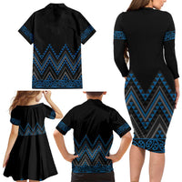 Blue Aotearoa Mangopare Kowhaiwhai and Niho Taniwha Family Matching Long Sleeve Bodycon Dress and Hawaiian Shirt Maori New Zealand LT14 - Polynesian Pride