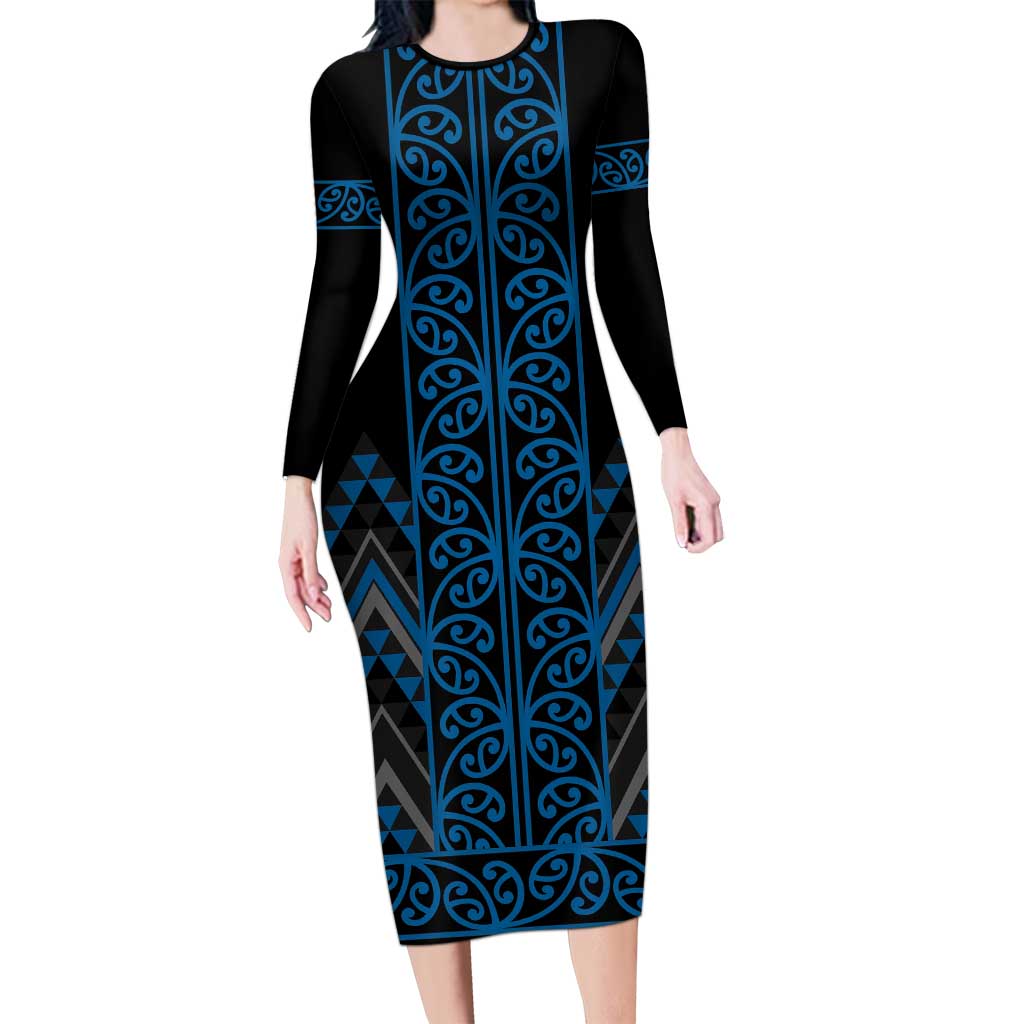 Blue Aotearoa Mangopare Kowhaiwhai and Niho Taniwha Family Matching Long Sleeve Bodycon Dress and Hawaiian Shirt Maori New Zealand LT14 Mom's Dress Blue - Polynesian Pride