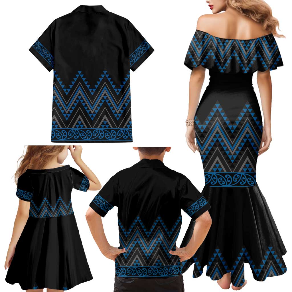 Blue Aotearoa Mangopare Kowhaiwhai and Niho Taniwha Family Matching Mermaid Dress and Hawaiian Shirt Maori New Zealand LT14 - Polynesian Pride