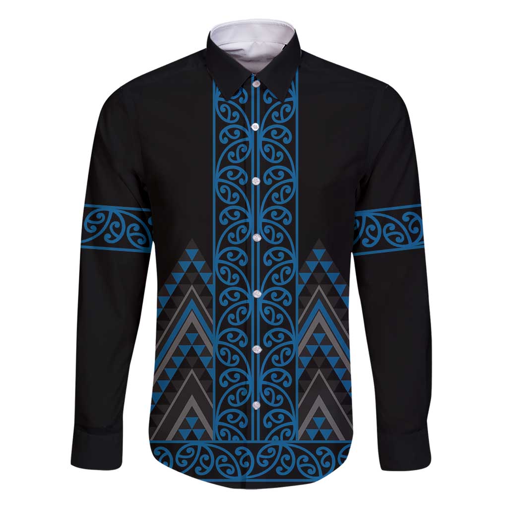 Blue Aotearoa Mangopare Kowhaiwhai and Niho Taniwha Family Matching Mermaid Dress and Hawaiian Shirt Maori New Zealand LT14 Dad's Shirt - Long Sleeve Blue - Polynesian Pride