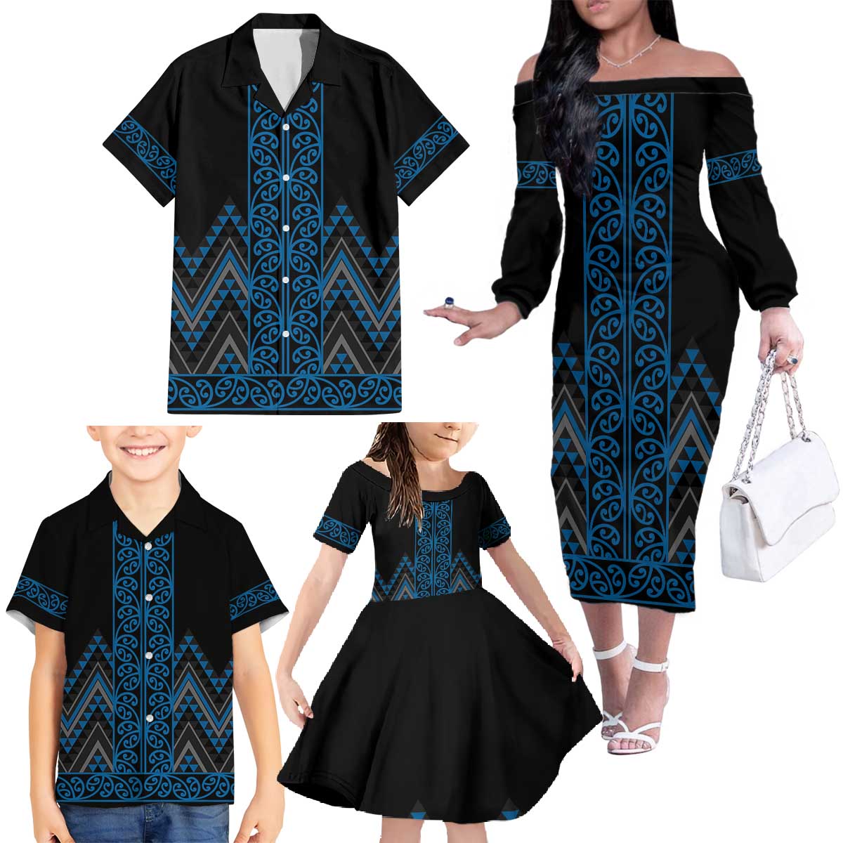 Blue Aotearoa Mangopare Kowhaiwhai and Niho Taniwha Family Matching Off The Shoulder Long Sleeve Dress and Hawaiian Shirt Maori New Zealand