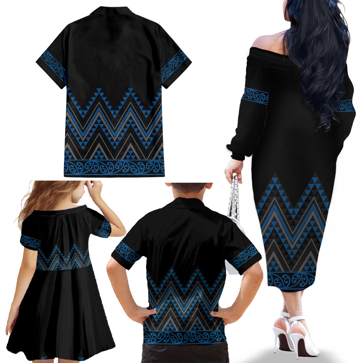 Blue Aotearoa Mangopare Kowhaiwhai and Niho Taniwha Family Matching Off The Shoulder Long Sleeve Dress and Hawaiian Shirt Maori New Zealand LT14 - Polynesian Pride
