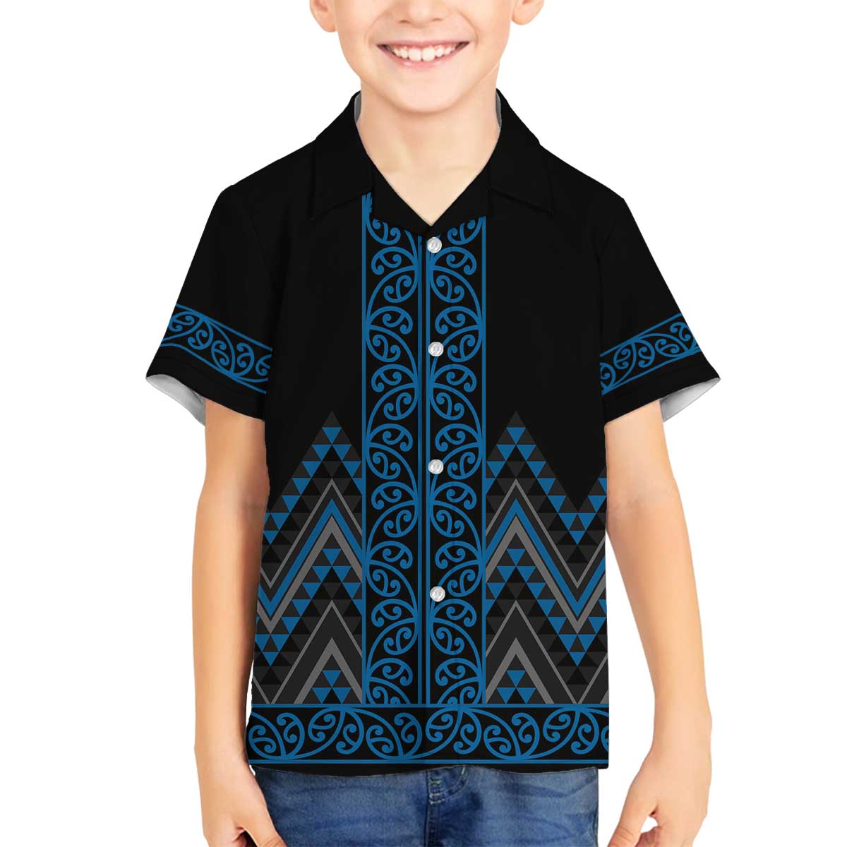 Blue Aotearoa Mangopare Kowhaiwhai and Niho Taniwha Family Matching Off The Shoulder Long Sleeve Dress and Hawaiian Shirt Maori New Zealand LT14 Son's Shirt Blue - Polynesian Pride