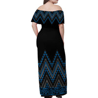 Blue Aotearoa Mangopare Kowhaiwhai and Niho Taniwha Family Matching Off Shoulder Maxi Dress and Hawaiian Shirt Maori New Zealand